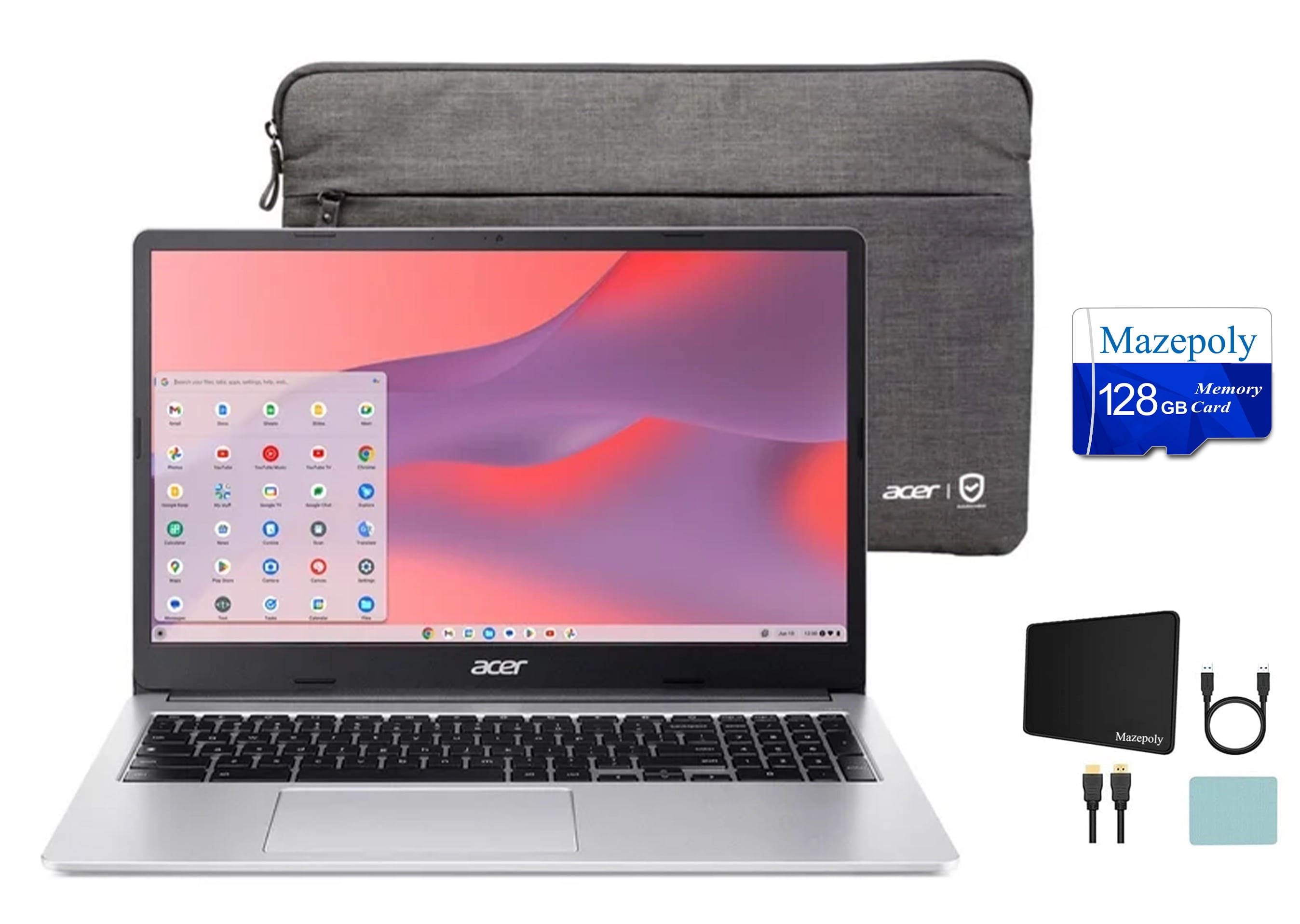 Acer Chromebook 315 (2023) Laptop, 15.6" FHD IPS Display, Intel Celeron N4500, 4GB RAM, 64GB eMMC, Pure Silver, Chrome OS, Wi-Fi 6, Protective Sleeve Included + Mazepoly Accessories