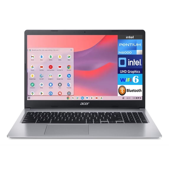 Acer Chromebook 315 Everyday Value Chromebook 15.6in 60Hz LCD HD DisplayIntel Pentium N6000, Intel UHD Shared, 4GB LPDDR4, 128GB SSD, WiFi 6, Webcam, Bluetooth 5.0, 65W PSU, Chrome OS