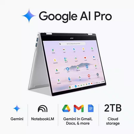 Acer - Chromebook Plus Spin 514 -14" WUXGA Touch Laptop with Google AI- MediaTek Kompanio Ultra-12GB RAM- UFS 256GB - Wi-Fi 7 - Platinum Silver