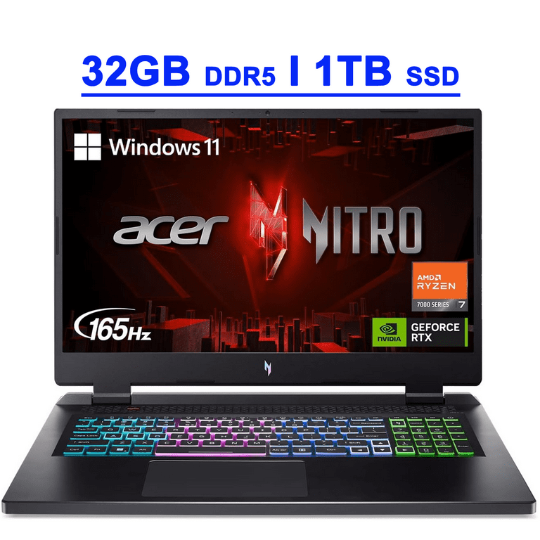 Acer Nitro 17 Premium Gaming Laptop 17.3 QHD IPS 165Hz AMD 8-Core Ryzen 7  7840HS Processor 32GB DDR5 1TB SSD GeForce RTX 4060 8GB Graphic RGB Backlit  USB-C Killer E2600 Win11 Black 