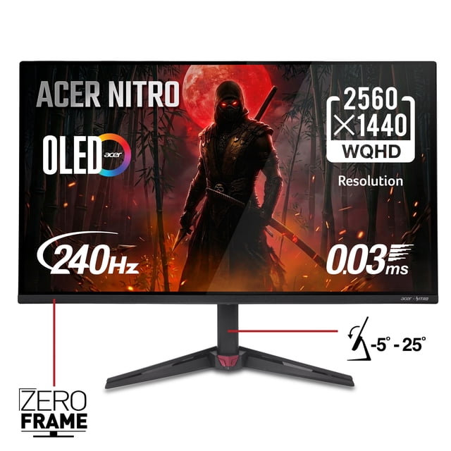 Acer Nitro 27" WQHD (2560 x 1440) QD-OLED Gaming Monitor, AMD FreeSync Premium Technology, 240Hz Refresh Rate, 0.03ms Response Time, 400nits at HDR 10%, DCI-P3 99%, Black, VG277U Xbiip