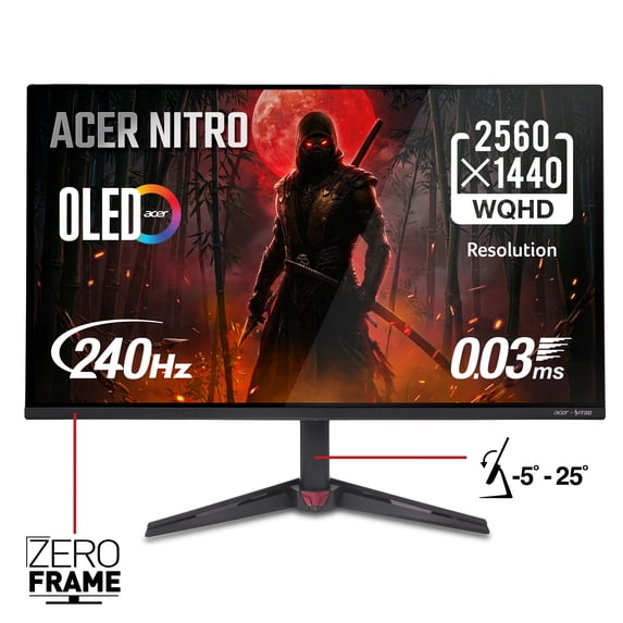 Acer Nitro 27" WQHD (2560 x 1440) QD-OLED Gaming Monitor, AMD FreeSync Premium Technology, 240Hz Refresh Rate, 0.03ms Response Time, 400nits at HDR 10%, DCI-P3 99%, Black, VG277U Xbiip