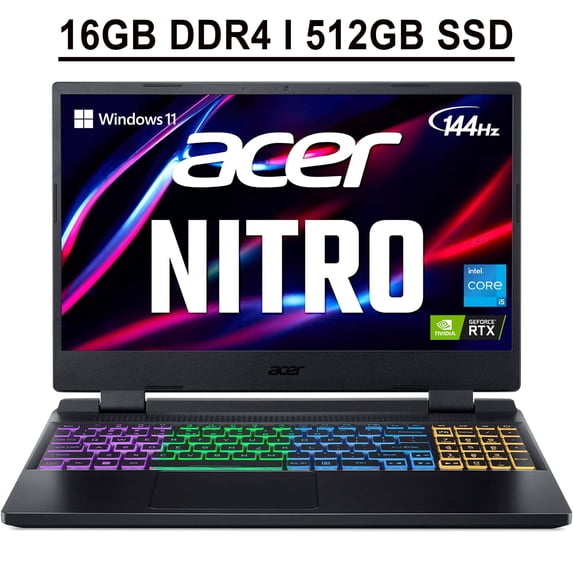 Acer Nitro 5 15 Gaming Laptop 15.6" FHD IPS 144Hz Display 12th Gen Intel 12-Core i5-12500H Processor 16GB DDR4 512GB SSD NVIDIA GeForce RTX 3060 6GB Backlit Thunderbolt HDMI USB-C Win11 Black
