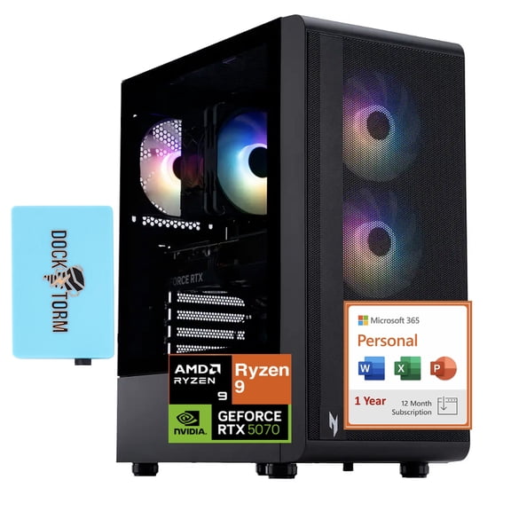 Acer Nitro 60 Gaming Desktop PC (AMD Ryzen 9 7900, GeForce RTX 5070 12GB GDDR7, 64GB DDR5, 1TB PCIe SSD, Win 11 Pro) w/Microsoft 365 Personal , DKZ USB Port Expander