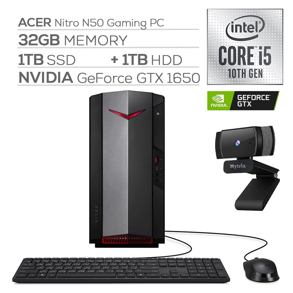 Acer Nitro N50 1650 Gaming Desktop PC Intel Core i5 10400 Hexa Core GTX 1650 DVI 32GB RAM 1TB SSD 1TB HDD Wi Fi 6 Ethernet Mytrix Webcam Win