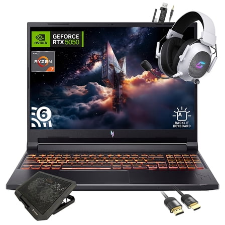 Acer Nitro V 16" WUXGA Gaming Laptop, AMD Ryzen 7 260 8-Core, NVIDIA GeForce RTX 5050, WUXGA 180Hz IPS, 64GB RAM, 2TB SSD, WiFi 6, Backlit Keyboard, w/ Mytrix Cooling Pad HDMI Cable, Windows 11