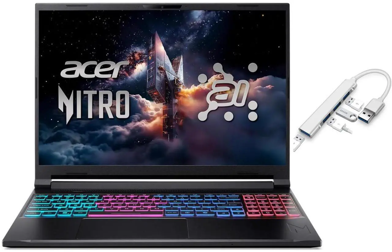 Acer Nitro V 16S 16 WUXGA IPS 180Hz Gaming Laptop|Intel Core 7 processor 240H|NVIDIA GeForce RTX 5060|RGB Backlit|Black| 16GB RAM DDR5 | 2TB SSD | Windows 11 Home | Bundle with USB 3.0 Hub