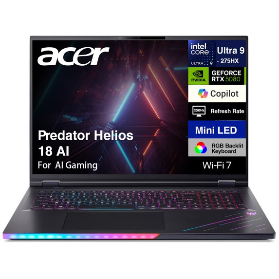Acer Predator Helios 18 AI AI Gaming Laptop 18in WQXGA (Intel Ultra 9- 275HX, NVIDIA GeForce RTX 5080 16GB, 64GB DDR5, 1TB PCIe SSD, Win 11 Pro)