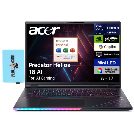 Acer Predator Helios 18 AI AI Gaming Laptop 18in WQXGA (Intel Ultra 9- 275HX, NVIDIA GeForce RTX 5080 16GB, 64GB DDR5, 4TB PCIe SSD, Win 11 Home) w/Microsoft 365 Personal , DKZ USB Port Expander