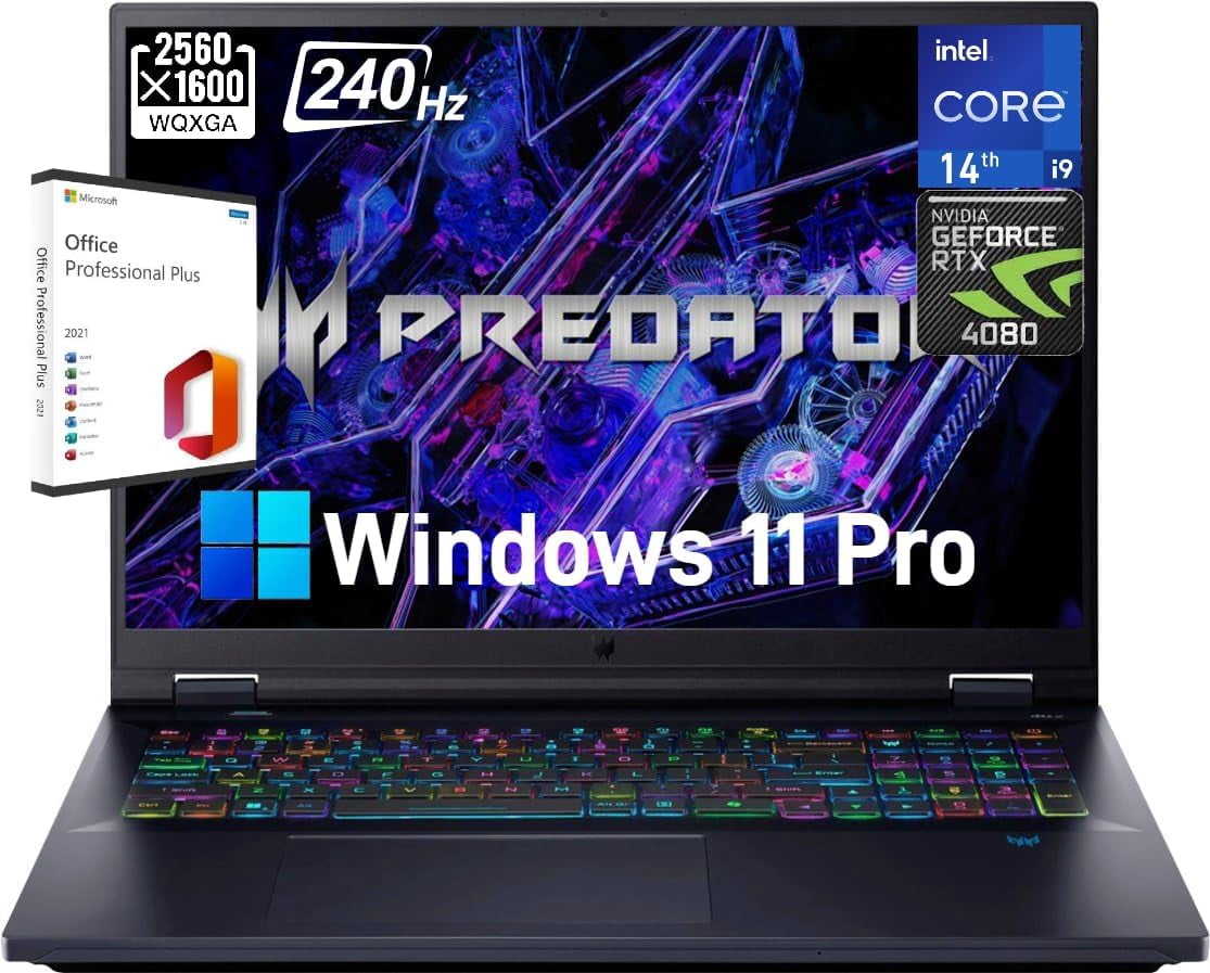 Acer Predator Helios-18 Gaming Laptop, 18" 2.5K IPS 240Hz Display, Intel 24-Core i9-14900HX, RTX 4080, 64GB DDR5, 2TB SSD, Backlit Keyboard, Windows 11 Pro