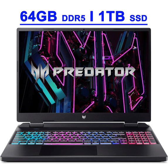 Acer Predator Helios Neo 16 Premium Gaming Laptop 16" WUXGA IPS 165Hz (100% sRGB) Intel 14-Core i7-13650HX 64GB DDR5 1TB SSD GeForce RTX 4060 8GB Graphic RGB Backlit Killer AX1650i Win11 Black