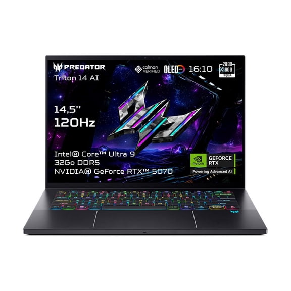 Restored Acer Predator Triton 14 AI PT14-52T - Intel Core Ultra 9 - 288V / up to 5.1 GHz - Win 11 Home - GeForce RTX 5070 - 32 GB RAM - 1.024 TB SSD NVMe - 14.5" OLED touchscreen 2880 x 1800 (WQXGA+) @ 120 Hz - Wi-Fi 7, Bluetooth - charcoal black - kbd: US Intl