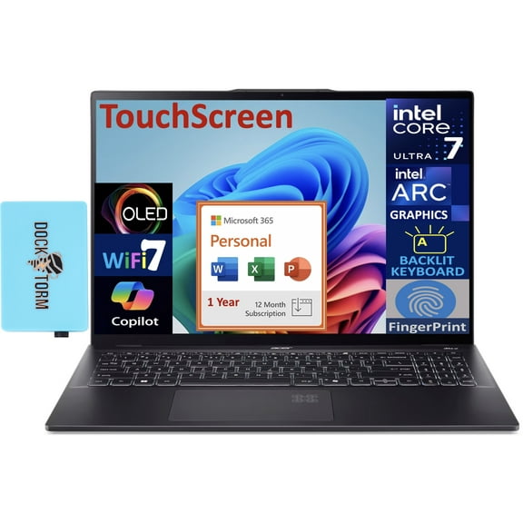 Acer Swift 16 AI AI PC Laptop 16.0in Touchscreen OLED 2.8K Display (Intel Ultra 7-256V, 16GB LPDDR5X, 2TB PCIe SSD, Intel Arc, Backlit KB, Win 11 Home) w/Microsoft 365 Personal , DKZ USB Port Expander