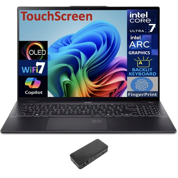 Acer Swift 16 AI AI PC Laptop 16.0in Touchscreen OLED 2.8K Display (Intel Ultra 7-256V, 16GB LPDDR5X, 4TB PCIe SSD, Intel Arc, Backlit KB, Fingerprint, 2 Thunderbolt 4, Win 11 Home) w/USB-C Dock