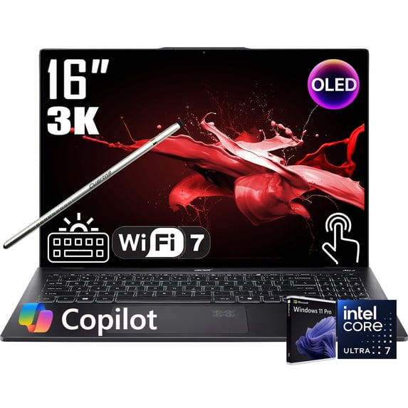 Acer Swift 16 AI Copilot+ Laptop, 16" 3K 2880 x 1800 120Hz OLED Touchscreen, Intel Core Ultra 7 256V, Stylus Pen, Backlit Keyboard, Wi-Fi 7, Windows 11 Pro (16GB DDR5 RAM - 1TB SSD)