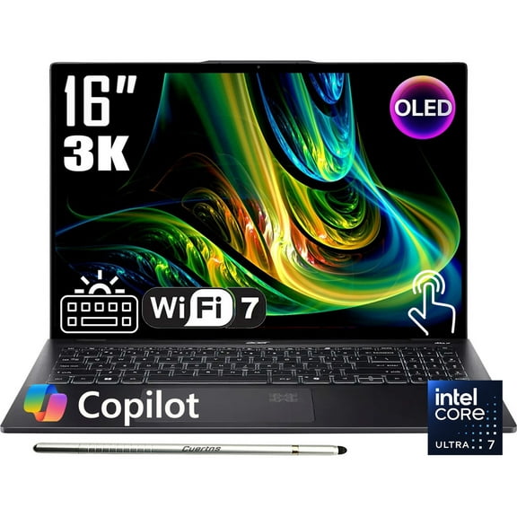 Acer Swift 16 AI Laptop, 16" 3K 120Hz OLED Touchscreen, Intel Core Ultra 7 256V Series 2, Stylus Pen, Backlit Keyboard, Fingerprint, Wi-Fi 7, Windows 11 Home, Ice Black(16GB DDR5 RAM | 1TB SSD)