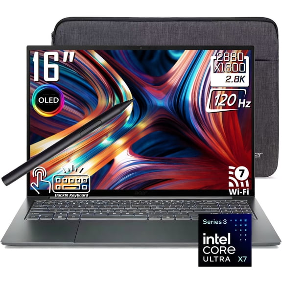 Acer Swift 16 AI Laptop, 16" 3K 2880 x 1800 OLED 120Hz Touchscreen, Intel Core Ultra X7 358H, Stylus Pen, Backlit Keyboard, Wi-Fi 7, Windows 11 Home (16GB DDR5 RAM | 512GB SSD)