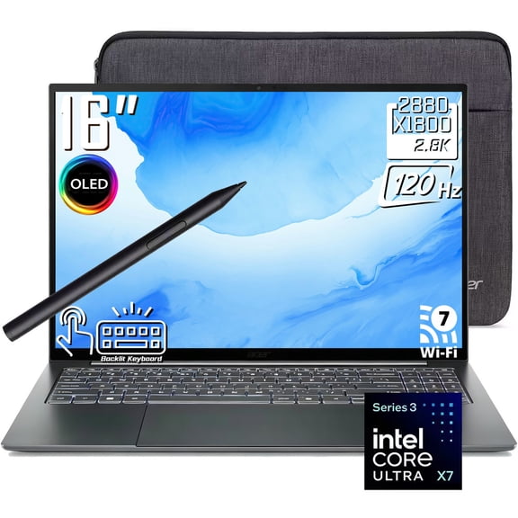 Acer Swift 16 AI Laptop, 16" 3K 2880 x 1800 OLED 120Hz Touchscreen, Intel Core Ultra X7 358H, Stylus Pen, Backlit Keyboard, Wi-Fi 7, Windows 11 Home (16GB DDR5 RAM + 512GB SSD)