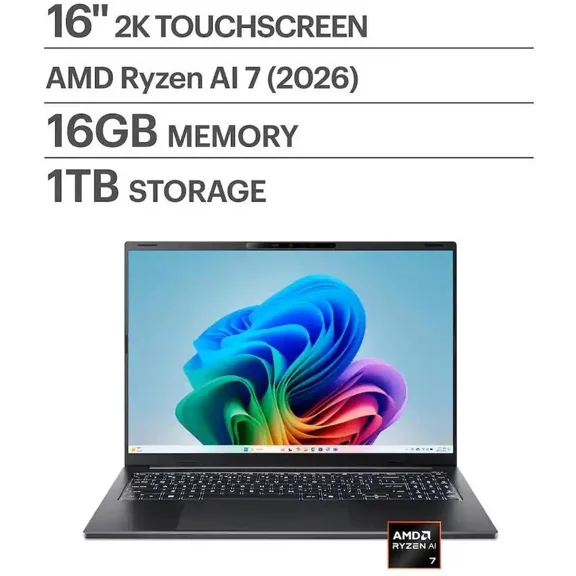 Acer - Swift Go 16 AI - Copilot+ PC - 16" WUXGA Touchscreen Laptop - AMD Ryzen AI 7 445 2026 - 16GB Memory  1TB Storage - Obsidian Black