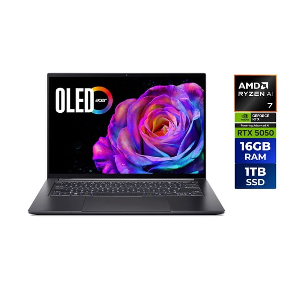 Acer Swift X 14 AI SFX14-61G-R9QE, 14.5" OLE Multi-Touch 120Hz Display, AMD Ryzen AI 7 350 Processor, NVIDIA GeForce RTX 5050 Laptop GPU, 16GB LPDDR5X, 1TB PCIe Gen 4 SSD, WiFi 6E, FHD IR Webcam,