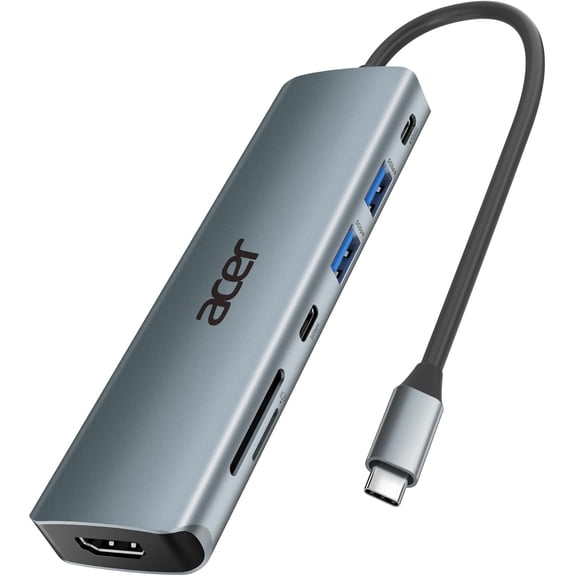 Acer USB C , 7 in 1 Multi-Port Adapter for Laptop, 4K, HDMI Splitter with 2 USB A 3.1 & Type-C to HDMI Data Port, PD 100W Charging, SD Card Reader for Computer, Desktop, Space Grey
