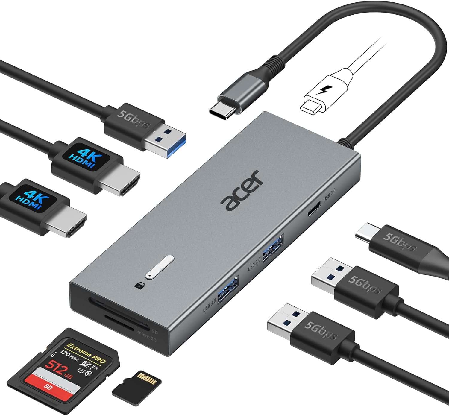 Acer USB C Docking Station Dual Monitor With 2 HDMI, 9-IN-1 Laptop Docking Station with 4K@60Hz HDMI, USB A&C 3.0, SD/Micro SD, 100W PD, USB C Dock Compatible with Acer/ XPS/HP/Mac/Surface (0.5FT)