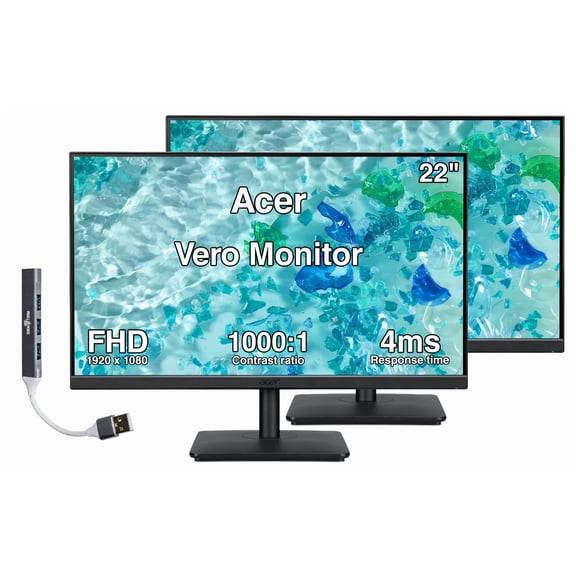 Acer Vero 22" FHD IPS Monitor with 4ms Response Time, Anti-Glare, 250 nits Brightness, VESA Mount (100mm), Built-In Speakers, HDMI, VGA & Dockztorm USB Port Expander, Black Color 2-Pack w/HDMI cable