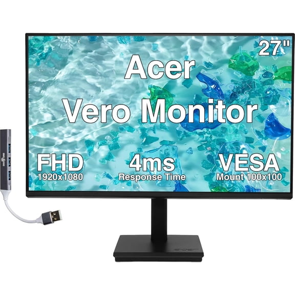 Acer Vero 27" FHD LCD Monitor with 4ms Response Time, Anti-Glare, 250 nits Brightness, VESA Mount (100mm), Displayport, HDMI & Dockztorm USB Port Expander, Black Color
