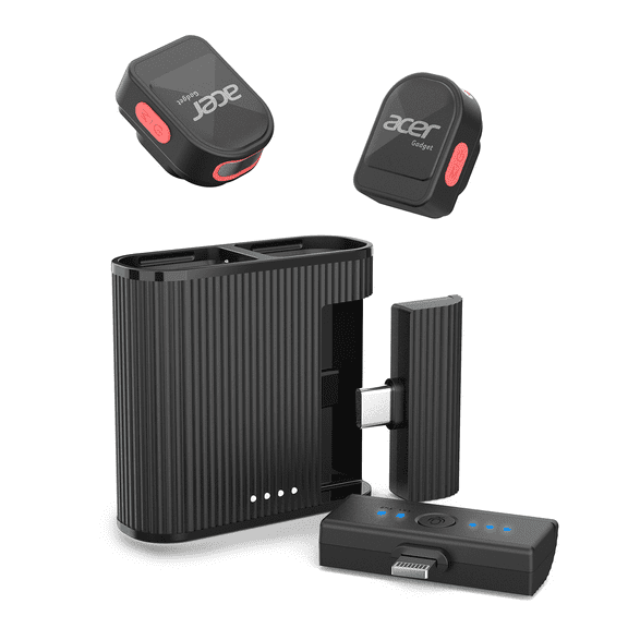 Acer Wireless Lavalier Microphone, Dual Magnetic Mics for iPhone/Android/Laptop Portable Mini Clip on Mic with Lightning + USB C Plug, 48KHz 24Bit, Noise Cancellation, 24H Battery for Video Recording