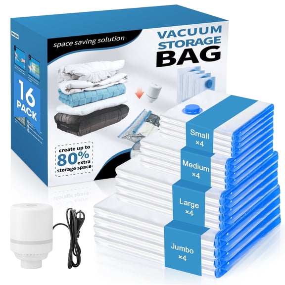 AcerichFad Vacuum Storage Bags, 16 Pack Vacuum Seal Space Saving Large Bags for Comforters and Blankets Clothes Storage, Electric Pump Included