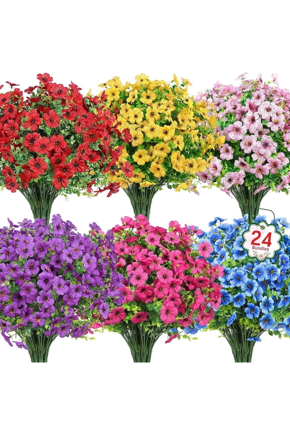 Artificial Flowers Outdoors, 24 Bundles Fake Silk Flowers Faux Plants for Outdoor Indoor Spring Summer Patio Garden Porch Yard Home Decor, Multicolor