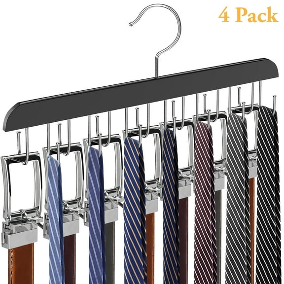 AcerichFad 4 Pack Belt Hangers for Clothes, Wooden Tie Hanger with 56 Hooks, 360° Swivel Space Saving Clothes Racks Closet Organizers, Black