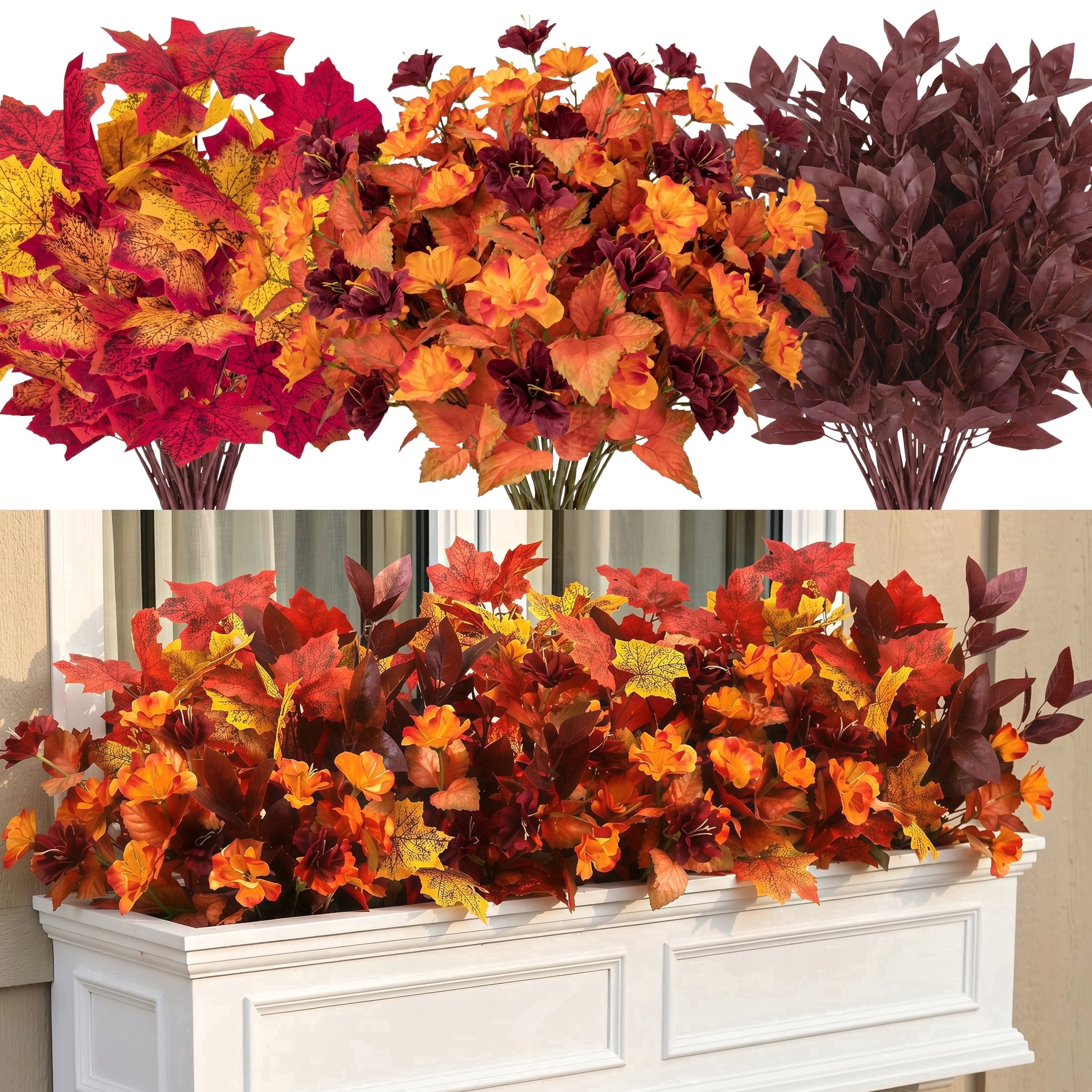 AcerichFad Fall Plants Outdoor, 8 Bundles Artificial Autumn Faux Plants Fake Silk Flowers for Outside Indoor Yard Garden Porch Patio Home Decor