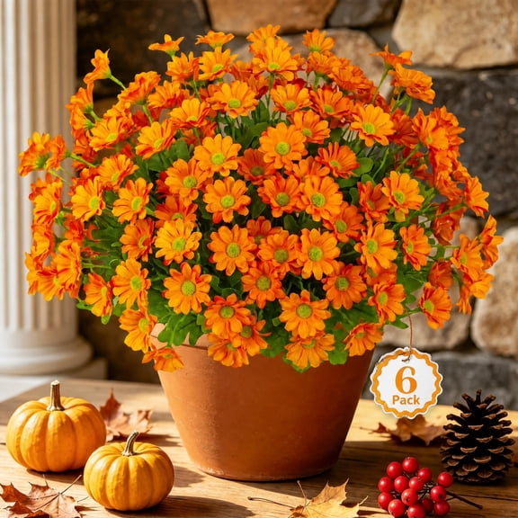 AcerichFad Artificial Fall Flowers Outdoor, 6 Bundles 14 Branches Fake Daisy Cemetery Flowers Faux Plants Fall Decoration for Home Indoor Outside Porch Patio Autumn Decor, Orange