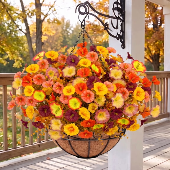 AcerichFad Artificial Fall Hanging Flowers, 12 Pcs Fake Autumn Flowers Faux Silk Plants with Coconut Lining Basket for Autumn Indoor Outside Porch Garden Yard Home Decor