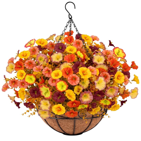 AcerichFad Artificial Fall Hanging Flowers, 12 Pcs Fake Autumn Flowers Faux Silk Plants with Coconut Lining Basket for Autumn Indoor Outside Porch Garden Yard Home Decor