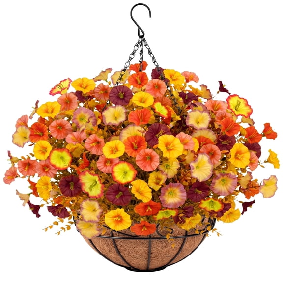 AcerichFad Artificial Fall Hanging Flowers, 12 Pcs Fake Autumn Flowers Faux Silk Plants with Coconut Lining Basket for Autumn Indoor Outside Porch Garden Yard Home Decor