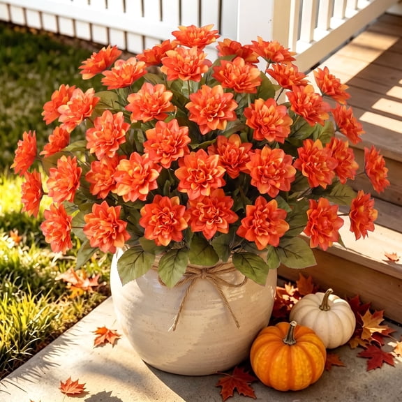 AcerichFad Fall Flowers Outdoor, 8 Bundles Fake Fall Artificial Dahlia Flowers Silk Faux Plants for Outside Indoor Yard Garden Porch Patio Home Decor, Orange