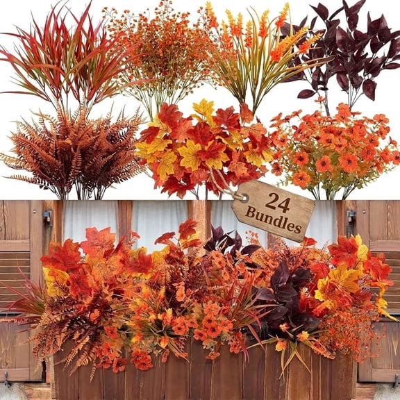 AcerichFad Artificial Fall Flowers for Outdoors, 24 Bundles Fall Fake Plants Plastic Faux Flowers for Outdoor Indoor Autumn Thanksgiving Garden Yard Window Home Decor