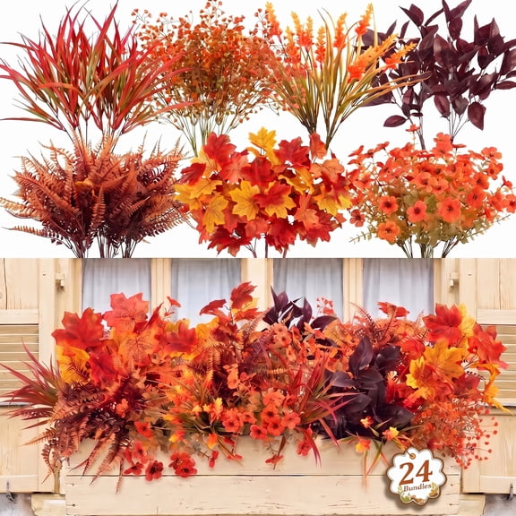 AcerichFad Fall Flowers Outdoor, 24 Bundles Artificial Autumn Faux Silk Flowers Fake Plants for Outside Indoor Yard Garden Porch Patio Home Decor