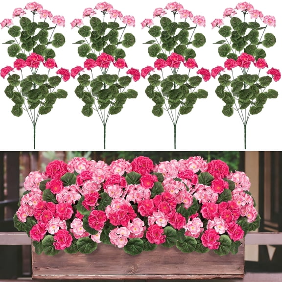 AcerichFad Artificial Flowers, 8 Pcs 21" Geraniums Fake Flowers Faux Plants for Summer Indoor Outdoor Home Table Garden Decoration, Rose Red and Pink