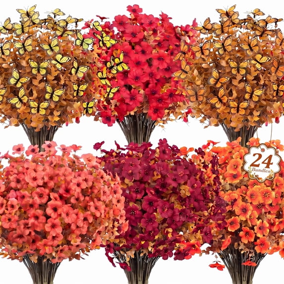 AcerichFad Fall Flowers Outdoors, 24 Bundles Artificial Autumn Fake Silk Flowers Faux Plants with Butterflies for Outside Indoor Yard Garden Porch Patio Home Decor, Red Orange