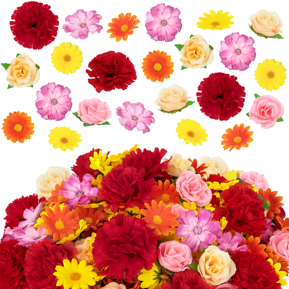 AcerichFad Artificial Mini Flowers Wedding Decor, 230 Pcs Small 3D Faux Silk Flower Heads Fake Rose Daisy Flowers for Indoor Outdoor Crafts Wedding Hair Cap Dresses Decorations, Multicolor