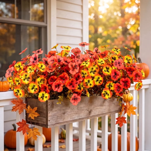 AcerichFad Artificial Fall Pansy Flowers Outdoor, 16 Bundles Autumn Faux Silk Flowers Fake Plants Fall Decoration for Home Garden Porch Indoor Outside Autumn Decor, Red Orange Yellow