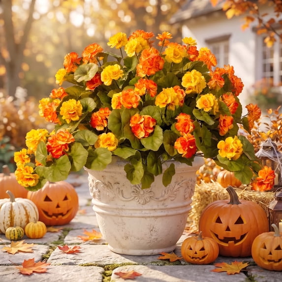 AcerichFad Fall Flowers Outdoor, 2 Pcs Artificial Autumn Hanging Fake Geraniums Silk Flowers for Outside Indoor Yard Garden Porch Patio Home Decor, Yellow Gradient Orange