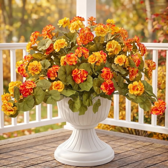 AcerichFad Artificial Fall Flowers, 2 Pcs 21" Fake Geraniums Hanging Silk Fall Flowers Plants for Autumn Indoor Outside Porch Garden Yard Home Decor, Yellow Gradient Orange