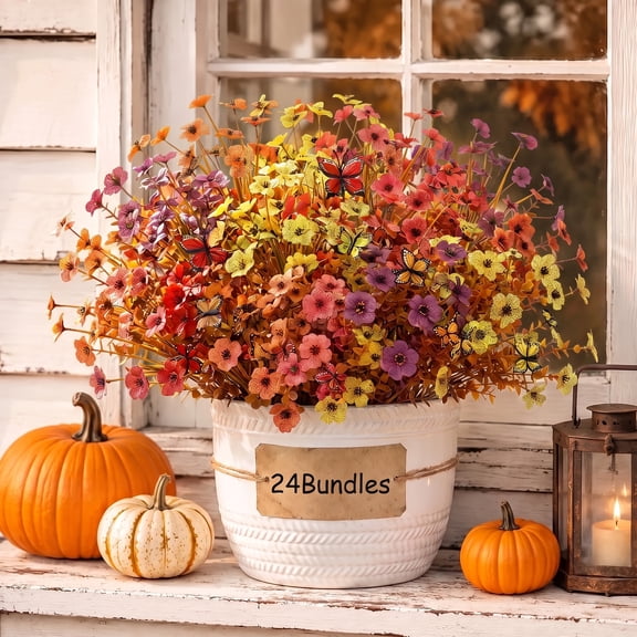 AcerichFad Artificial Fall Flowers Outdoor, 24 Bundles Autumn Faux Fake Silk Flowers Plant Fall Decoration for Home Outside Yard Garden Porch Patio