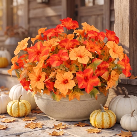 AcerichFad Fall Flowers Outdoors, 8 Bundles Artificial Autumn Faux Silk Flowers Fake Plants for Outside Indoor Yard Garden Porch Patio Home Decor, Yellow Orange