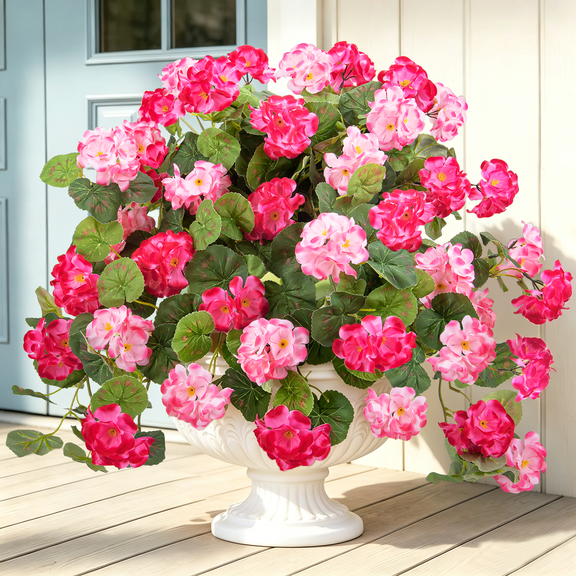 AcerichFad Artificial Flowers for Outdoor, 2 Pcs Long Fake Geranium Flowers for Yard Front Door Porch Planter Patio Balcony, Pink and Rose Red