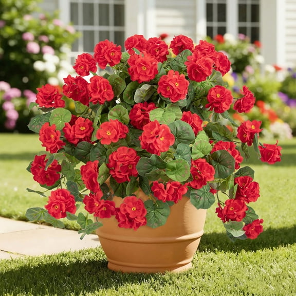 AcerichFad Artificial Flowers Outdoors, 2 Pcs 21" Fake Geraniums Hanging Silk Flowers Plants for Spring Summer Outdoor Indoor Garden Home Decor, Red